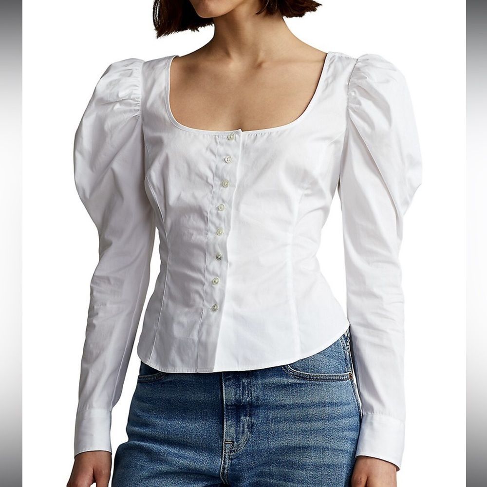 Polo Ralph Lauren Cotton Maggi Square Fitted Puffed Shoulder White Button Sz 12